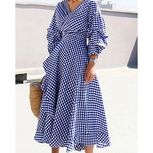 VONDA Plaid Ruffled Hem Belt 3/4 Sleeve V-Neck Midi Dress